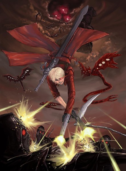 Anime picture 992x1347 with devil may cry dante (devil may cry) dantewontdie single tall image short hair blonde hair smile sky glowing looking down glowing eye (eyes) jumping boy gloves weapon animal sword fingerless gloves gun