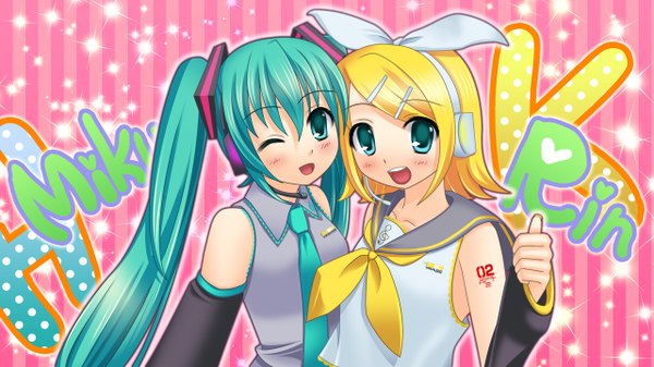 Anime picture 1280x720 with vocaloid hatsune miku kagamine rin blonde hair wide image multiple girls green eyes green hair girl 2 girls