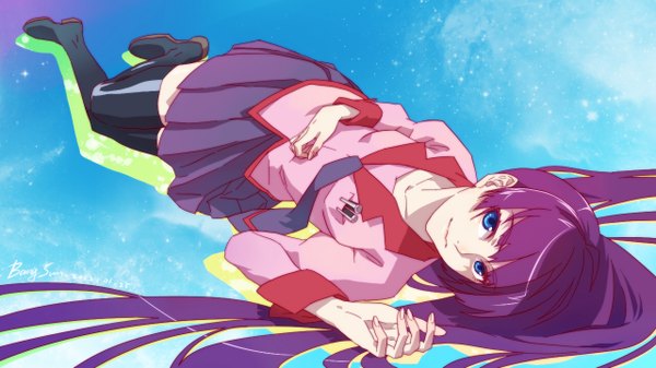 Anime picture 1280x720 with bakemonogatari shaft (studio) monogatari (series) senjougahara hitagi banysun (artist) single long hair looking at viewer blue eyes wide image purple hair lying girl thighhighs skirt black thighhighs miniskirt shirt necktie