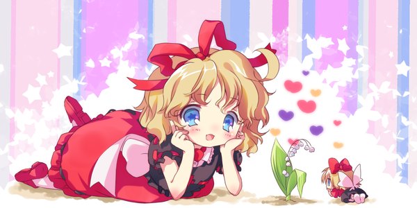 Anime picture 1200x600 with touhou medicine melancholy su-san amo blush short hair blue eyes blonde hair wide image multiple girls head rest fairy girl dress flower (flowers) bow 2 girls hair bow lily of the valley