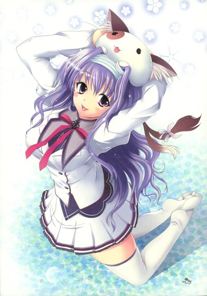 Anime picture 2473x3533 with mashiroiro symphony amaha miu izumi tsubasu tall image blush highres smile purple eyes purple hair kneeling arms behind head girl thighhighs uniform school uniform animal white thighhighs hairband cat flower (symbol)