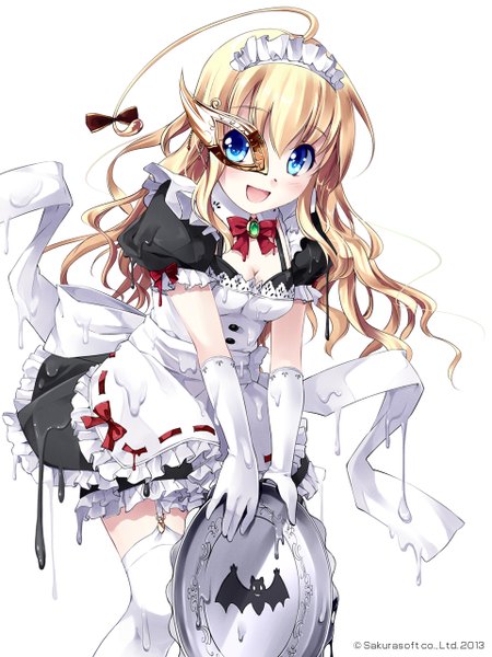 Anime picture 960x1280 with original miyase mahiro single long hair tall image blush open mouth blue eyes simple background blonde hair white background maid girl thighhighs dress gloves white thighhighs headdress maid headdress
