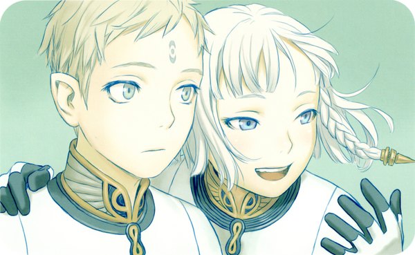 Anime picture 1836x1132 with last exile gonzo dio eracles lucciola range murata highres short hair open mouth simple background blonde hair wide image purple eyes green eyes white hair braid (braids) pointy ears multiple boys facial mark boy 2 boys