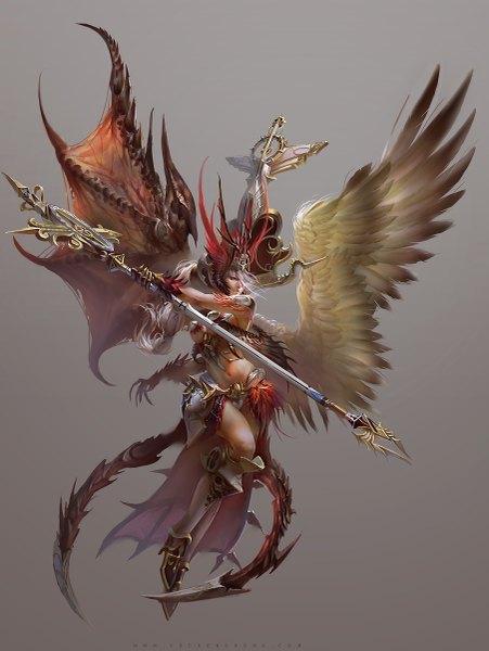 Anime picture 903x1200 with yu cheng hong single long hair tall image fringe light erotic simple background looking away silver hair hair over one eye girl navel weapon wings headdress