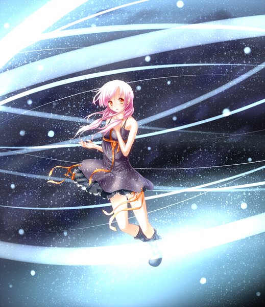 Anime picture 1547x1788 with guilty crown production i.g yuzuriha inori single long hair tall image looking at viewer blush red eyes bare shoulders pink hair girl hair ornament ribbon (ribbons) boots hairclip sundress