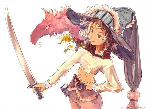 Anime picture 1024x768 with imperial boy fringe simple background smile brown hair white background holding brown eyes midriff hand on hip dark skin navel flower (flowers) weapon hat animal sword belt bird (birds) witch hat