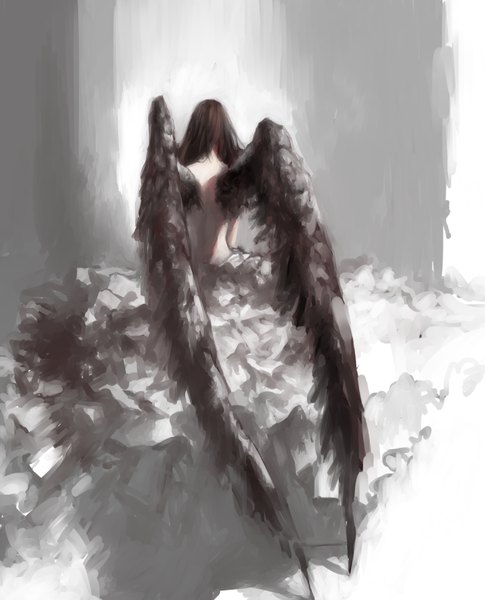 Anime picture 720x891 with original tsubu mikan single long hair tall image brown hair from behind bare back black wings expressionless girl dress wings white dress