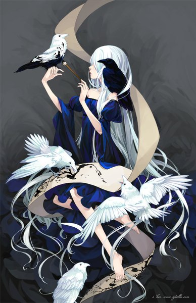 Anime picture 660x1020 with original zetallis tall image fringe open mouth simple background bare shoulders white hair very long hair barefoot grey background wide sleeves bare legs no shoes flying hair over eyes bird on hand girl dress animal