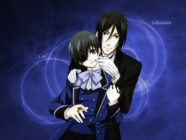 Anime picture 1600x1200 with kuroshitsuji a-1 pictures sebastian michaelis ciel phantomhive looking at viewer short hair blue eyes black hair smile red eyes multiple boys butler boy gloves 2 boys ring eyepatch suit