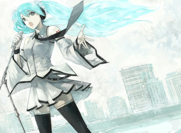 Anime picture 1035x765 with vocaloid hatsune miku shrimpman single open mouth twintails bare shoulders brown eyes wind aqua hair singing girl thighhighs skirt detached sleeves necktie headphones building (buildings) microphone microphone stand