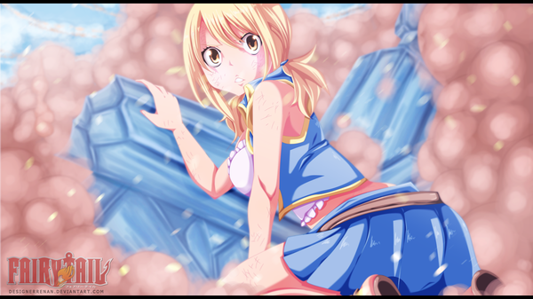 Anime picture 3840x2160 with fairy tail lucy heartfilia designerrenan single long hair highres blonde hair wide image twintails yellow eyes absurdres sky cloud (clouds) pleated skirt looking back inscription coloring short twintails smoke girl