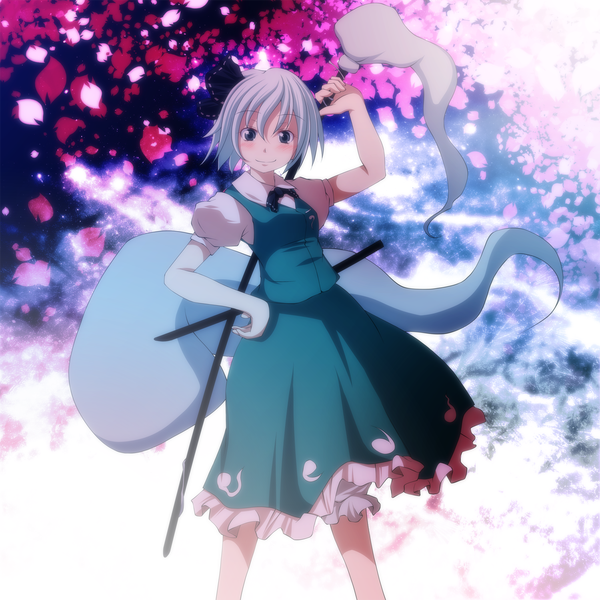 Anime picture 1500x1500 with touhou konpaku youmu myon s-syogo single short hair smile white hair black eyes girl dress skirt petals sword katana skirt set