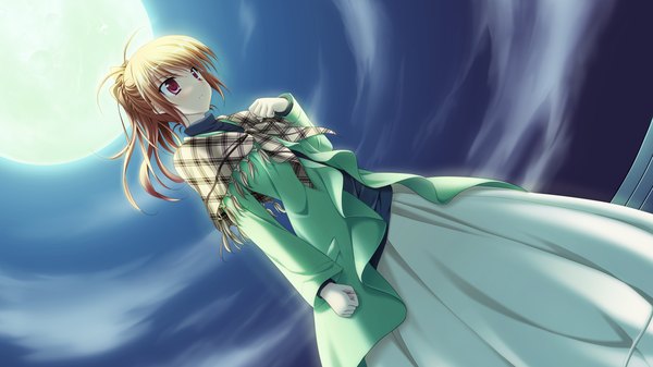 Anime picture 2560x1440 with yaneura no kanojo dp minase (artist) highres short hair blonde hair red eyes wide image game cg cloud (clouds) girl dress moon