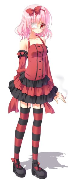 Anime picture 375x1000 with original nakada rumi single tall image blush short hair simple background red eyes white background bare shoulders pink hair girl thighhighs dress bow hair bow detached sleeves eyepatch striped thighhighs