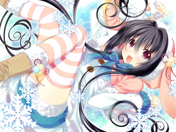 Anime picture 1600x1200 with original mitsumomo mamu single long hair looking at viewer blush open mouth black hair red eyes girl thighhighs bow striped thighhighs snowflake (snowflakes)