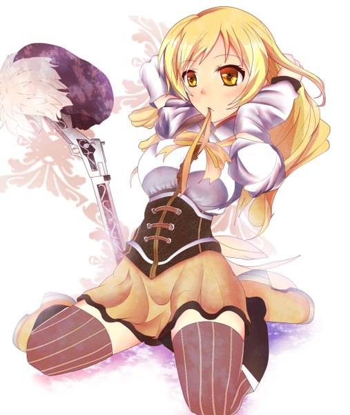 Anime picture 1100x1300 with mahou shoujo madoka magica shaft (studio) tomoe mami mizuyoukan (mikususannda) single long hair tall image blush simple background white background sitting yellow eyes zettai ryouiki drill hair adjusting hair hat removed girl thighhighs weapon gun