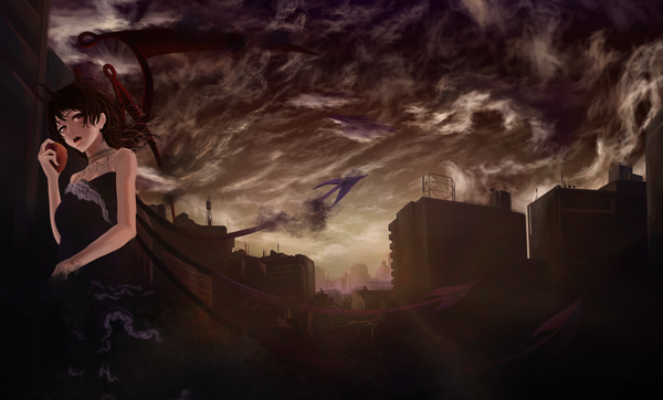 Anime picture 1750x1057 with touhou houjuu nue akaikitsune single long hair highres open mouth black hair red eyes wide image holding sky cloud (clouds) alternate costume city smoke cityscape girl dress wings