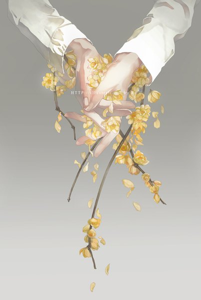 Anime picture 710x1056 with original re (artist) tall image grey background hands clasped flower (flowers) petals branch hands