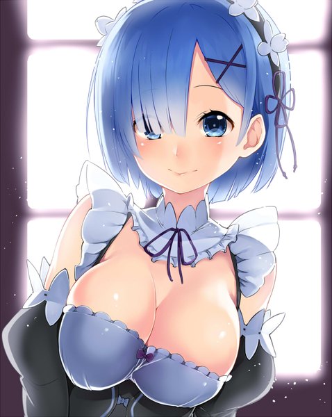 Anime picture 1195x1500 with re:zero kara hajimeru isekai seikatsu white fox rem (re:zero) kawakami masaki single tall image looking at viewer fringe short hair breasts blue eyes light erotic blue hair cleavage hair over one eye maid girl dress uniform headdress