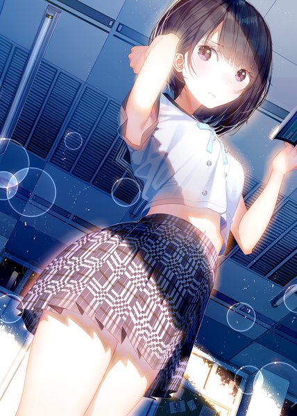 Anime picture 1000x1400 with blue reflection gust (company) shirai hinako atha (leejuiping) single tall image blush fringe short hair black hair looking away pleated skirt black eyes bare belly shadow from below plaid skirt arm behind head girl skirt