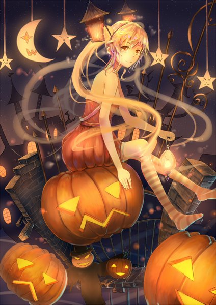 Anime picture 1500x2121 with vocaloid hatsune miku zha tang tang yu single long hair tall image looking at viewer blonde hair twintails bare shoulders yellow eyes halloween girl thighhighs dress striped thighhighs lamp vegetables jack-o'-lantern pumpkin