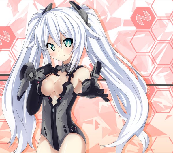 Anime picture 1890x1680 with choujigen game neptune black heart sigemi single long hair highres breasts blue eyes light erotic twintails white hair girl gloves elbow gloves bodysuit