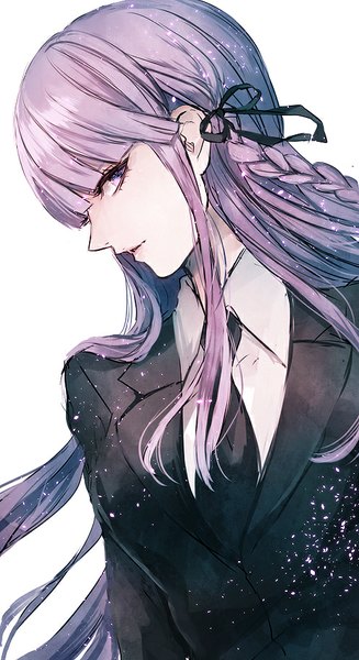 Anime picture 496x908 with dangan ronpa kirigiri kyouko sakuyu single long hair tall image looking at viewer fringe simple background white background purple eyes purple hair parted lips profile wind shiny skin turning head side braid shiny girl