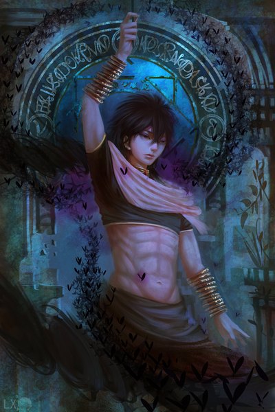 Anime picture 1000x1500 with magi the labyrinth of magic a-1 pictures judal rose (pixiv 5163042) single long hair tall image fringe black hair looking away braid (braids) wind black eyes bare belly single braid muscle boy bracelet wand arabian clothes