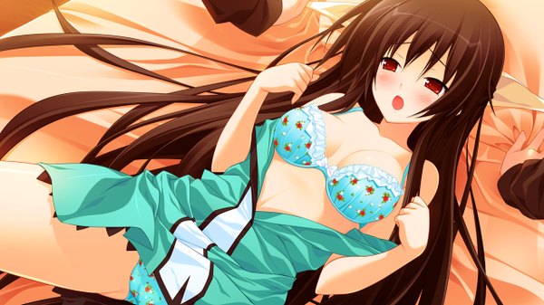 Anime picture 1280x720 with tiny dungeon (game) rosebleu vell sein long hair blush open mouth light erotic black hair red eyes wide image game cg girl underwear panties