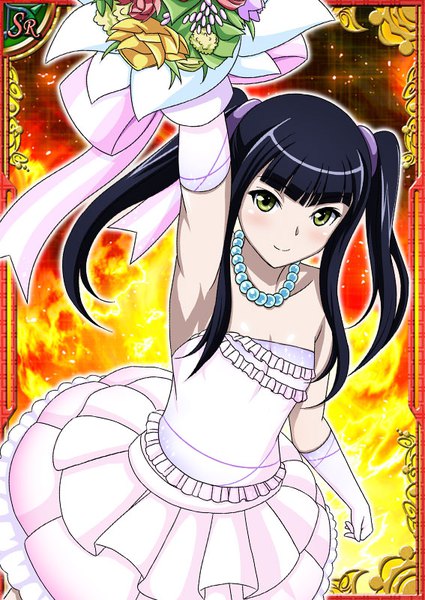 Anime picture 567x800 with ikkitousen saji genpou (true) single long hair tall image looking at viewer blush fringe black hair smile twintails holding green eyes blunt bangs arm up sparkle armpit (armpits) card (medium) framed girl