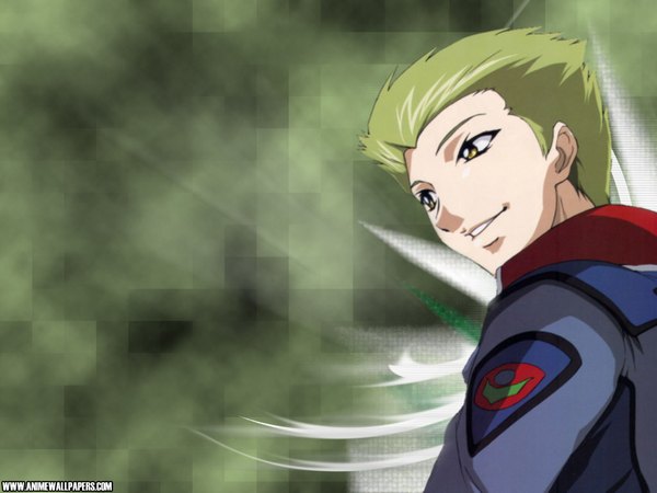 Anime picture 1024x768 with mobile suit gundam gundam seed destiny sunrise (studio) sting oakley short hair smile yellow eyes green hair wallpaper green background boy uniform military uniform