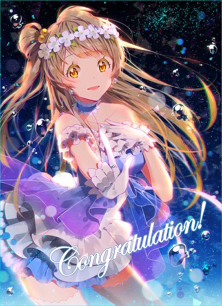 Anime picture 800x1100 with love live! school idol project sunrise (studio) love live! minami kotori hakusai (tiahszld) single long hair tall image looking at viewer blush brown hair yellow eyes hair flower inscription one side up hand on chest outstretched hand girl thighhighs dress