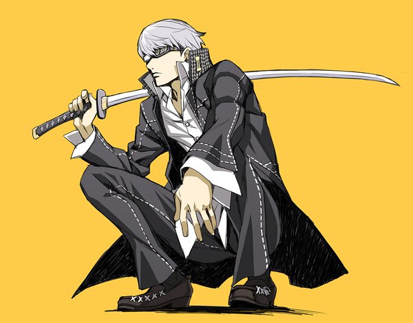 Anime picture 1200x941 with persona 4 persona narukami yuu matsuryuu single short hair simple background looking away white hair grey eyes squat yellow background weapon over shoulder boy weapon sword glasses jacket katana pants