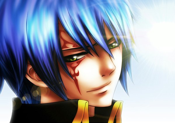 Anime picture 1000x706 with fairy tail jellal fernandes latherqueen (kim-chee) single short hair smile green eyes blue hair sunlight tattoo coloring portrait face boy sun