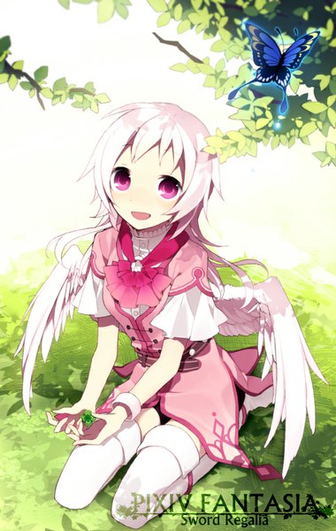 Anime picture 570x900 with original pixiv fantasia pixiv fantasia sword regalia hijiri (resetter) single long hair tall image looking at viewer blush fringe open mouth sitting pink hair pink eyes from above happy girl plant (plants) wings frills