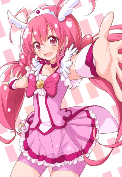 Anime picture 689x996 with precure smile precure! toei animation hoshizora miyuki cure happy tokunou shoutarou single long hair tall image looking at viewer blush fringe open mouth hair between eyes twintails pink hair ahoge :d pink eyes low twintails