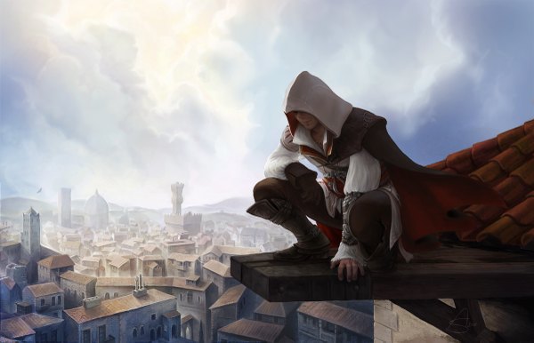 Anime picture 1200x773 with assassin's creed (game) assassin's creed ii ezio auditore da firenze depingo sky city squat cityscape boy boots hood cape cloak necklace single glove roof