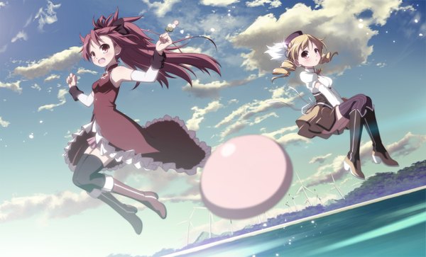 Anime picture 1280x776 with mahou shoujo madoka magica shaft (studio) sakura kyouko tomoe mami izumi bell long hair blush open mouth blonde hair red eyes wide image multiple girls yellow eyes sky cloud (clouds) ponytail red hair drill hair girl thighhighs