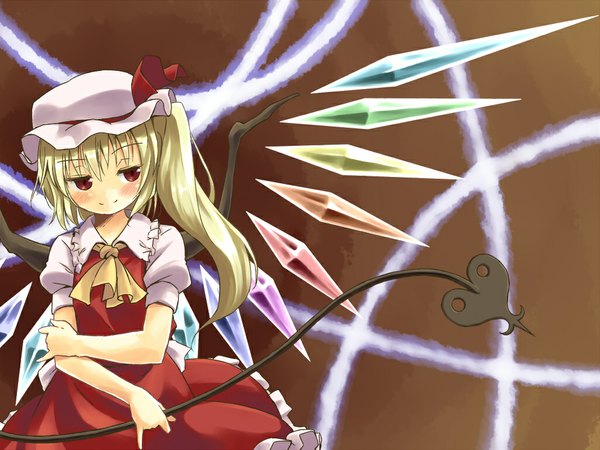 Anime picture 1024x768 with touhou flandre scarlet yudepii single blush short hair blonde hair smile red eyes looking away ponytail side ponytail girl dress bow ribbon (ribbons) weapon hat wings hat ribbon