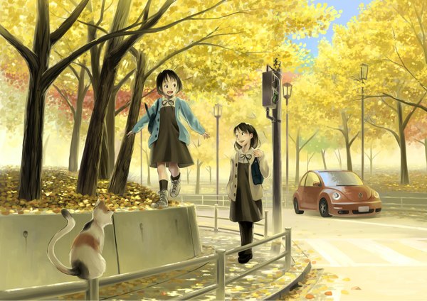 Anime picture 2206x1560 with original imaoka (pixiv) highres short hair open mouth black hair smile brown hair sky walking autumn street soft beauty dress bow animal boots leaf (leaves) cat ground vehicle