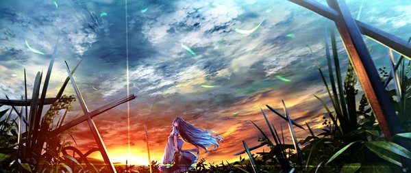 Anime picture 2365x1000 with touhou hinanawi tenshi ryosios single long hair highres red eyes wide image blue hair sky evening sunset horizon girl dress plant (plants) hat
