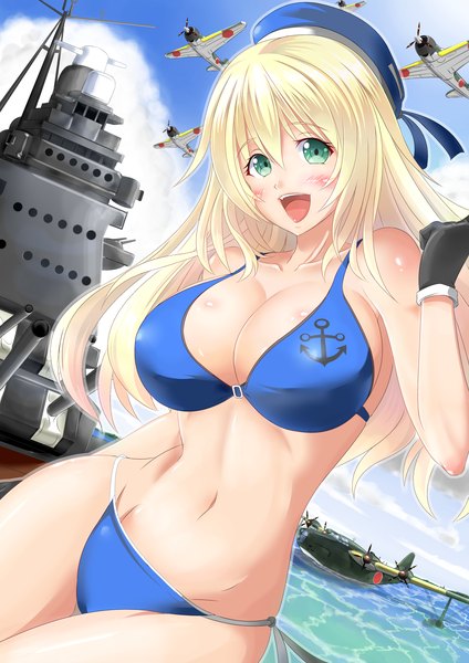 Anime picture 1240x1753 with kantai collection atago heavy cruiser ichikawa feesu single long hair tall image looking at viewer blush breasts open mouth light erotic blonde hair large breasts green eyes girl navel weapon swimsuit bikini beret