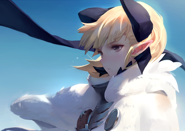 Anime picture 1280x905 with nin single fringe short hair blonde hair brown eyes looking away sky upper body blunt bangs profile wind pointy ears sunlight fur trim tears elf expressionless girl ribbon (ribbons)