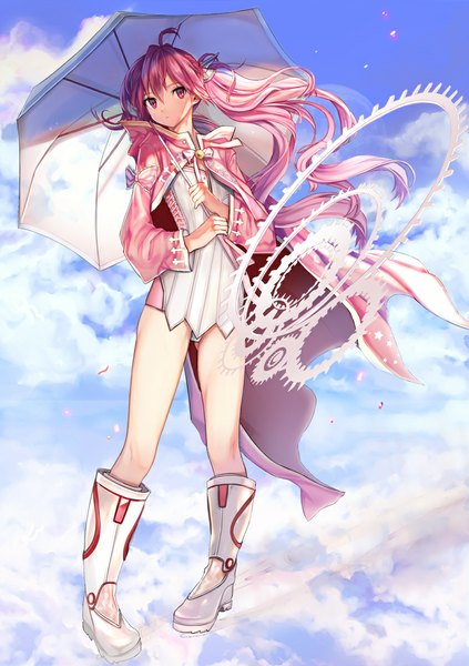 Anime picture 805x1142 with original uuhui single long hair tall image twintails pink hair pink eyes girl dress boots umbrella gears