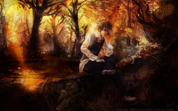 Anime picture 1920x1200 with lebenszeit mich tsunoh fringe highres short hair brown hair wide image sitting eyes closed sunlight hair over one eye wallpaper landscape autumn boy plant (plants) shirt tree (trees)