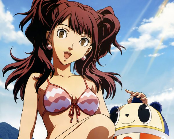 Anime picture 1280x1024 with persona 4 kujikawa rise kuma (persona 4) long hair looking at viewer breasts open mouth light erotic brown hair twintails brown eyes cloud (clouds) sunlight mountain girl swimsuit