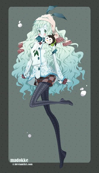 Anime picture 938x1636 with original nebeskaa single long hair tall image blush simple background smile green eyes bent knee (knees) very long hair multicolored hair aqua hair happy wavy hair gradient hair white skin girl animal pantyhose