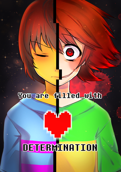 Anime picture 4961x7016 with undertale chara (undertale) frisk (undertale) maryryn-nya tall image highres smile red eyes brown hair absurdres upper body red hair eyes closed text striped english androgynous blood stains crazy smile heart