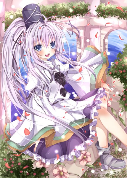 Anime picture 1250x1749 with touhou mononobe no futo nanase nao single long hair tall image blush open mouth blue eyes sitting purple hair ponytail girl flower (flowers) hat petals