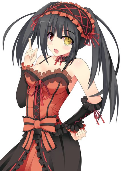 Anime picture 2480x3507 with date a live tokisaki kurumi saiseki single long hair tall image looking at viewer highres open mouth black hair twintails bare shoulders cleavage :d light smile hand on hip heterochromia lolita fashion gothic uneven twintails